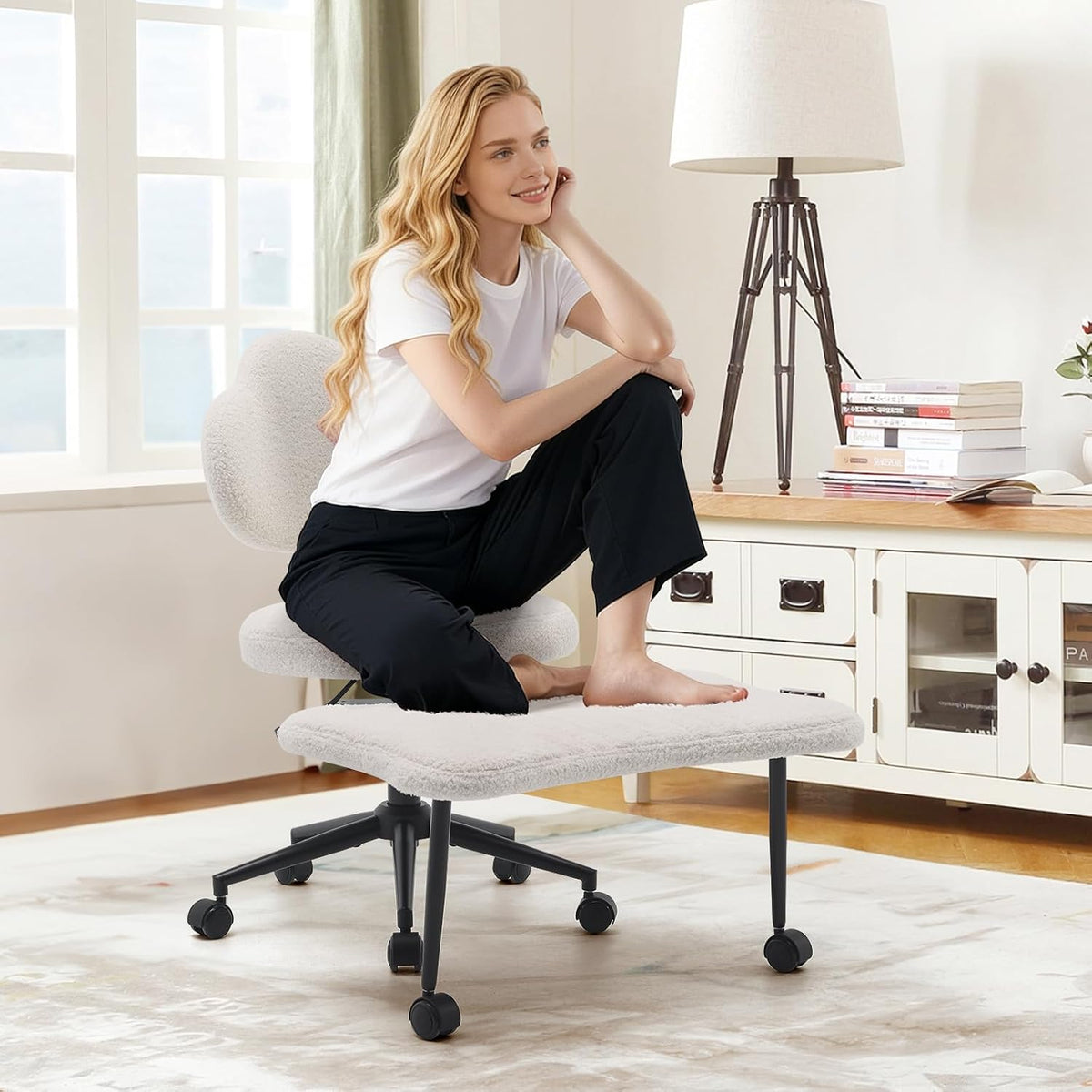 Ergonomic Cross Legged Chair, 360° Swivel Meditation Chair with Wheels, Height Adjustable Seat for Meditation, ADHD & Yoga, PU Leather Yoga Stool for Home Office, Black