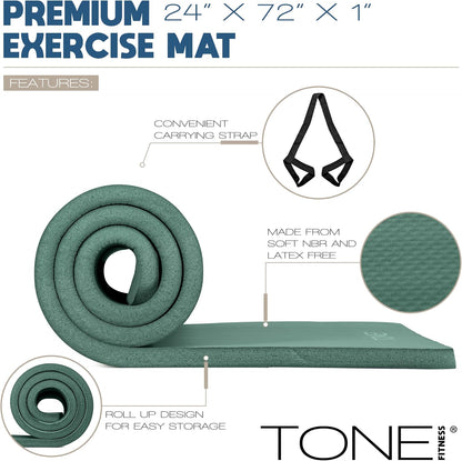 1" Extra Thick Yoga Mat, Exercise & Pilates Mat with Strap
