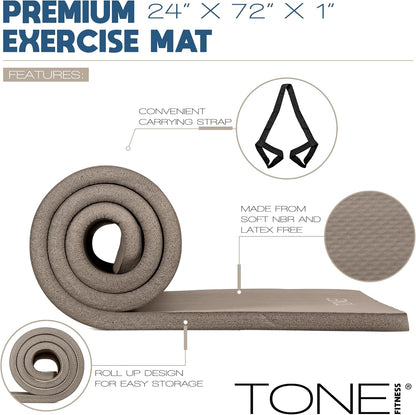1" Extra Thick Yoga Mat, Exercise & Pilates Mat with Strap