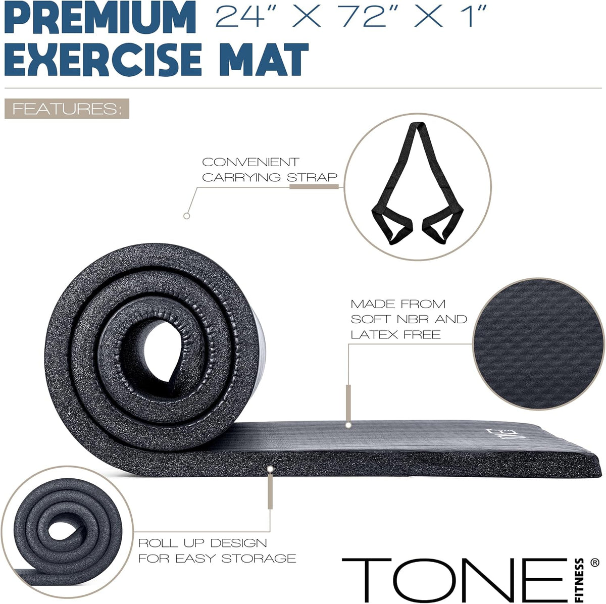 1" Extra Thick Yoga Mat, Exercise & Pilates Mat with Strap