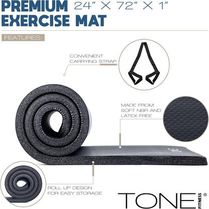 1" Extra Thick Yoga Mat, Exercise & Pilates Mat with Strap