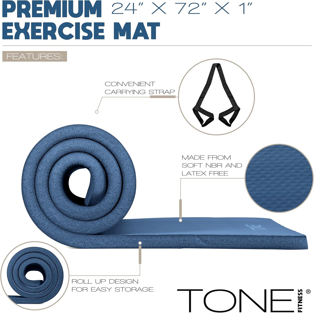 1" Extra Thick Yoga Mat, Exercise & Pilates Mat with Strap