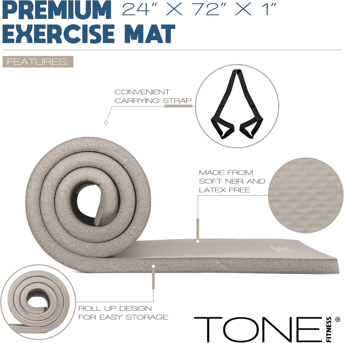 1" Extra Thick Yoga Mat, Exercise & Pilates Mat with Strap