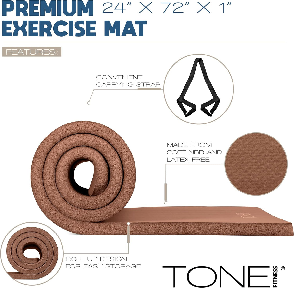1" Extra Thick Yoga Mat, Exercise & Pilates Mat with Strap