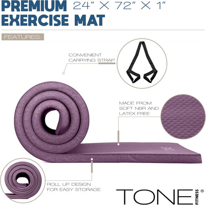 1" Extra Thick Yoga Mat, Exercise & Pilates Mat with Strap