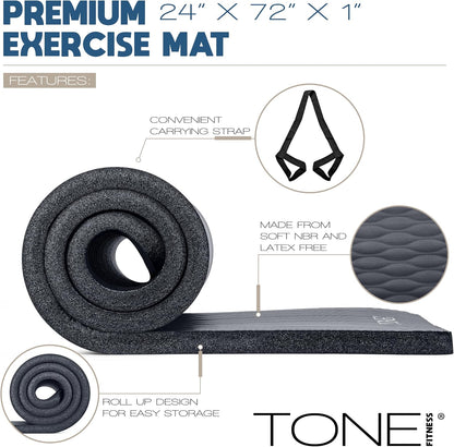 1" Extra Thick Yoga Mat, Exercise & Pilates Mat with Strap