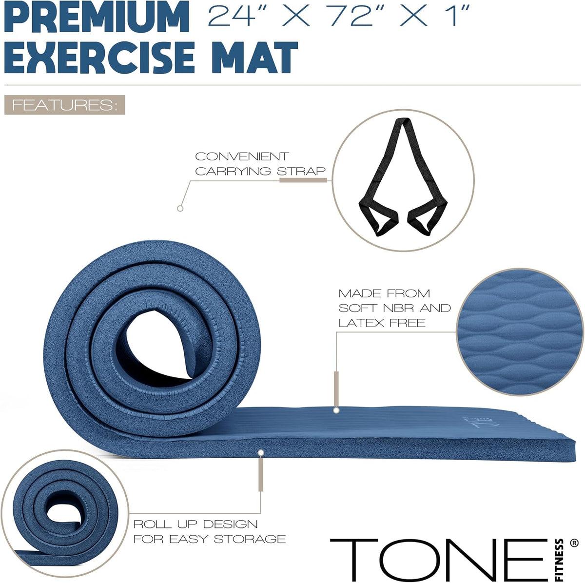 1" Extra Thick Yoga Mat, Exercise & Pilates Mat with Strap