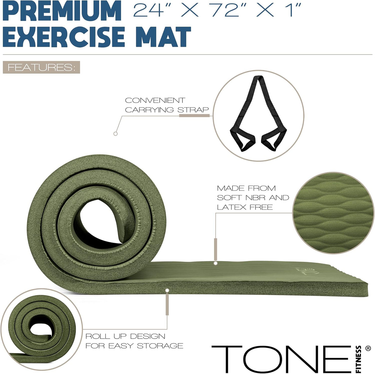 1" Extra Thick Yoga Mat, Exercise & Pilates Mat with Strap