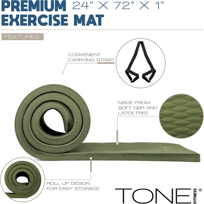 1" Extra Thick Yoga Mat, Exercise & Pilates Mat with Strap