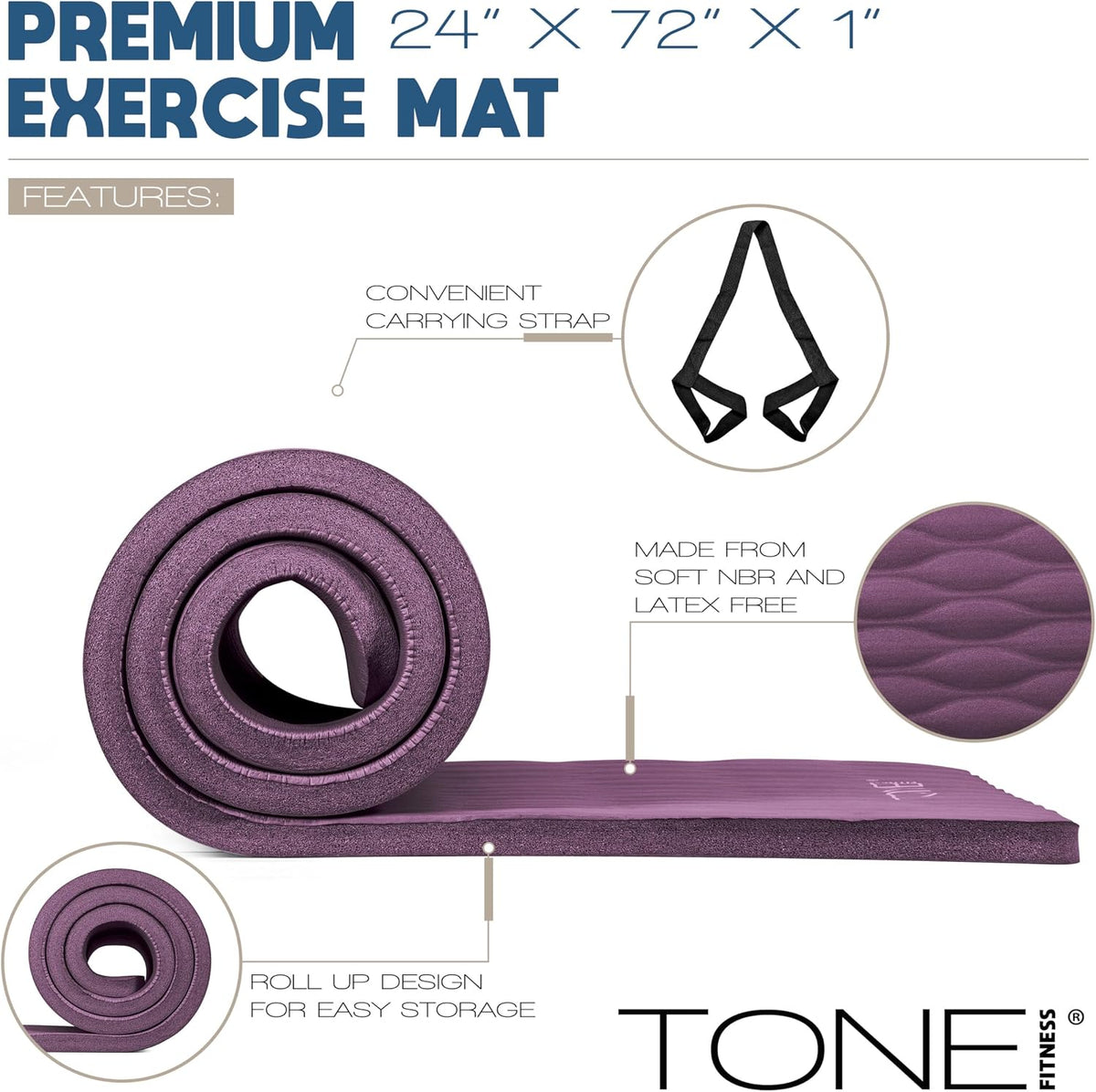 1" Extra Thick Yoga Mat, Exercise & Pilates Mat with Strap