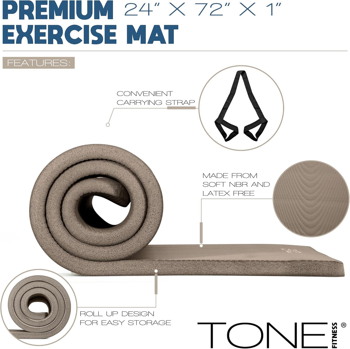 1" Extra Thick Yoga Mat, Exercise & Pilates Mat with Strap