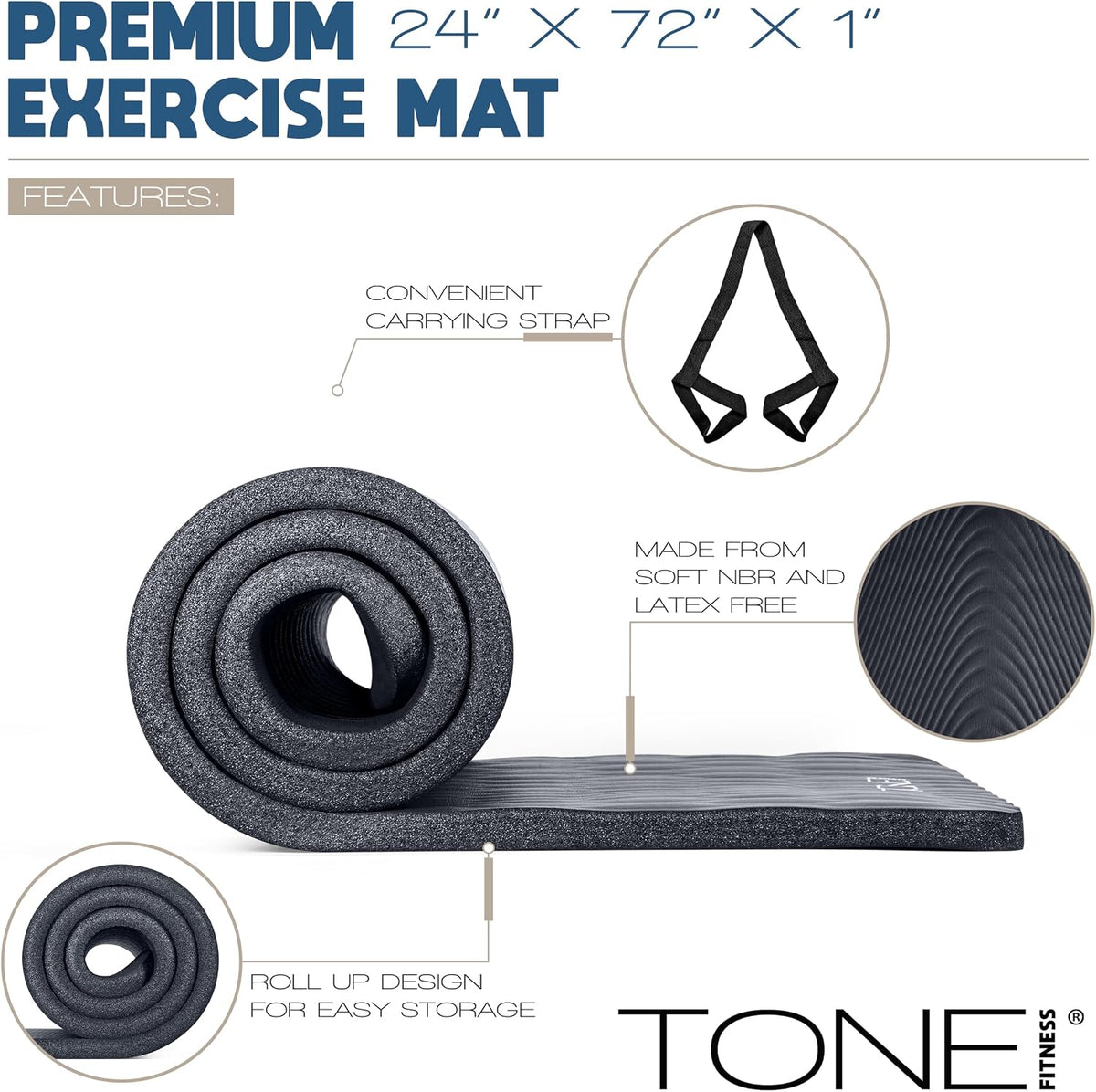 1" Extra Thick Yoga Mat, Exercise & Pilates Mat with Strap