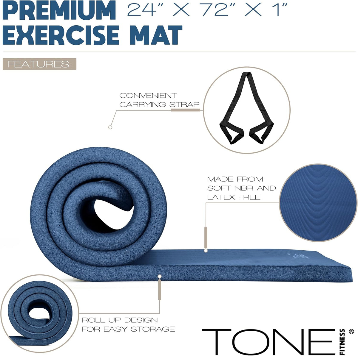 1" Extra Thick Yoga Mat, Exercise & Pilates Mat with Strap