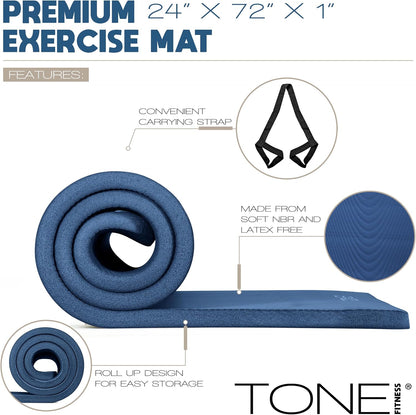 1" Extra Thick Yoga Mat, Exercise & Pilates Mat with Strap