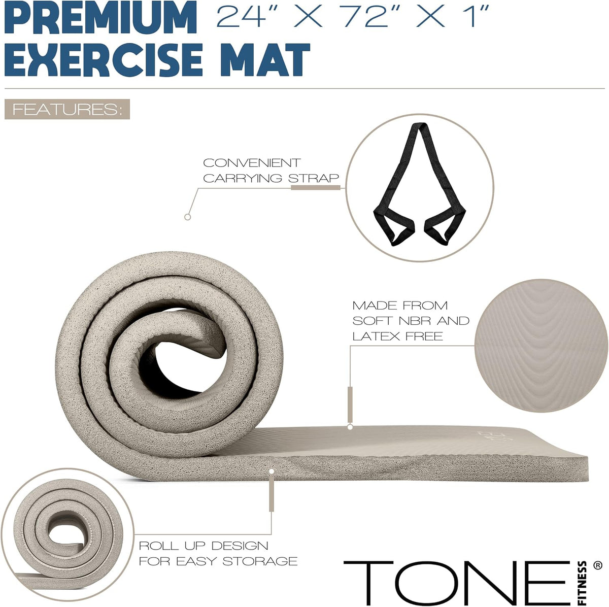 1" Extra Thick Yoga Mat, Exercise & Pilates Mat with Strap