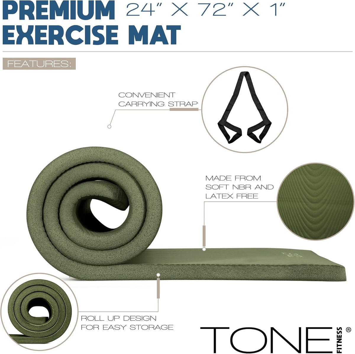 1" Extra Thick Yoga Mat, Exercise & Pilates Mat with Strap