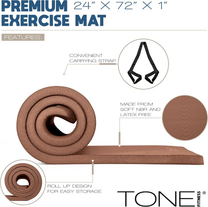 1" Extra Thick Yoga Mat, Exercise & Pilates Mat with Strap