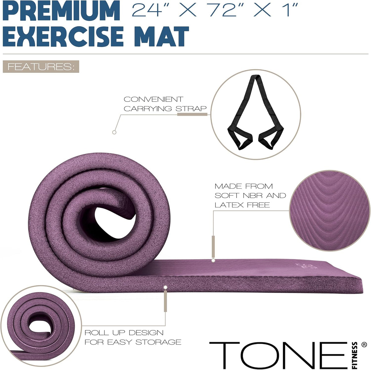 1" Extra Thick Yoga Mat, Exercise & Pilates Mat with Strap