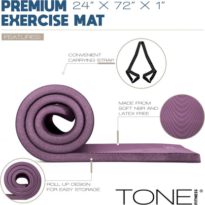 1" Extra Thick Yoga Mat, Exercise & Pilates Mat with Strap