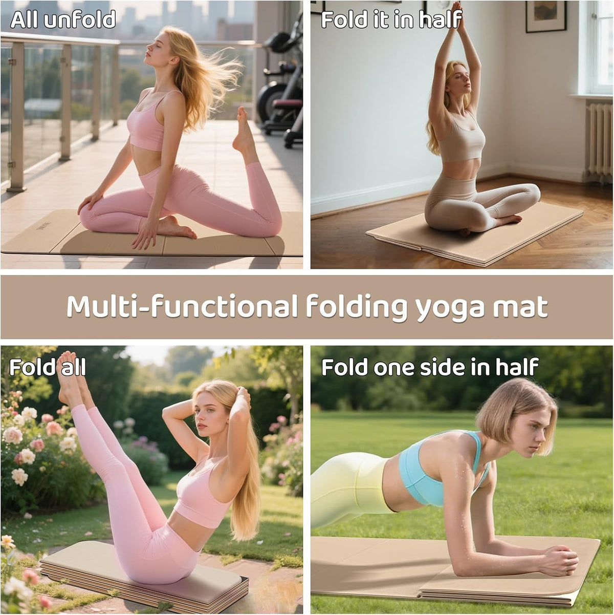Foldable Yoga Mat Exercise Mat for Home Workout, Comfortable and Durable, 8mm Thick Portable Folding Mat, Non-Slip, Pilates Mat Thick, Outdoor Use, Meditation, Travel, Camping (71"x24" x 0.3")