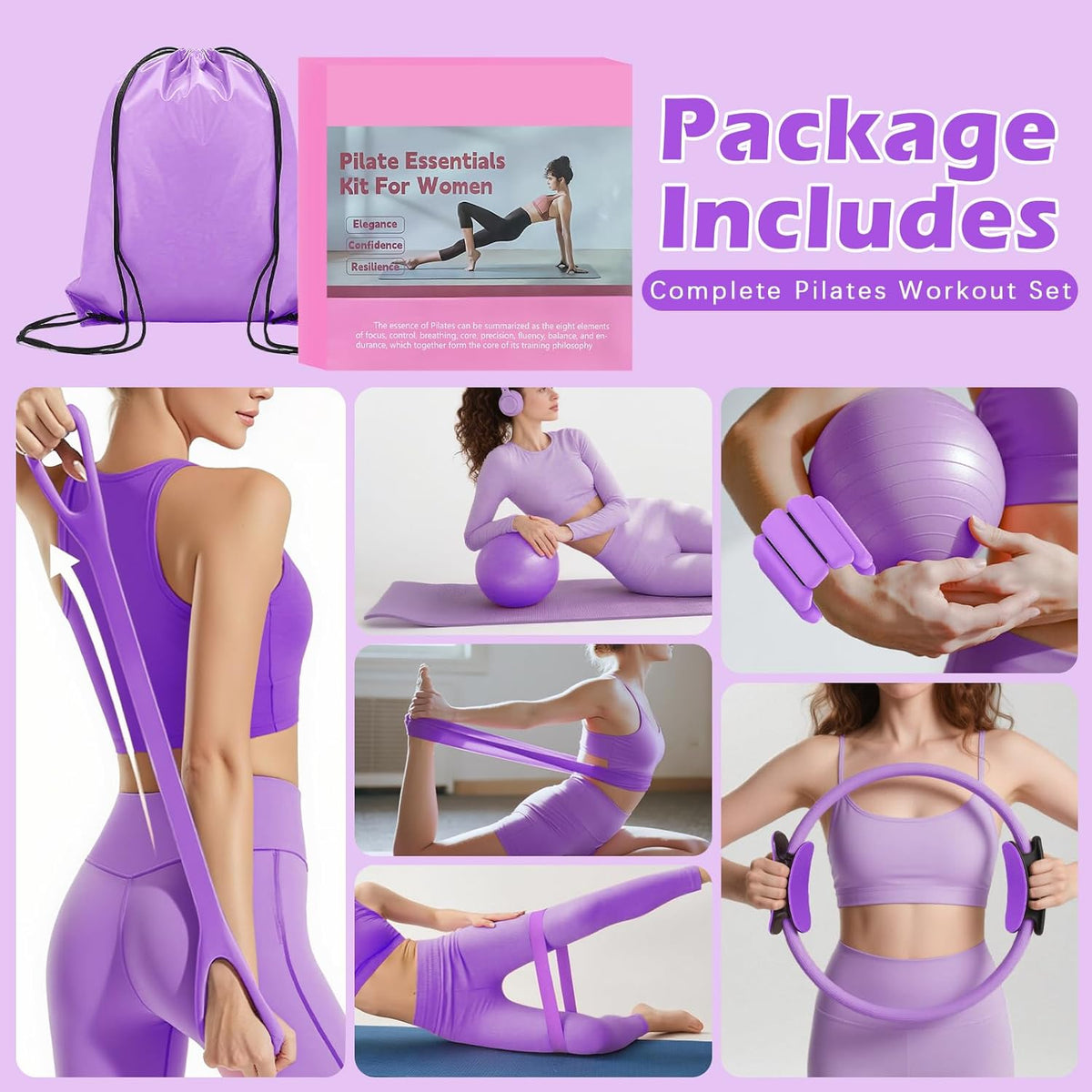 Pilates Kit for Women, Home Workout Set with Ring,Ball,Bands Ankle Weights