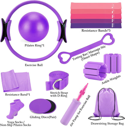 Pilates Kit for Women, Home Workout Set with Ring,Ball,Bands Ankle Weights
