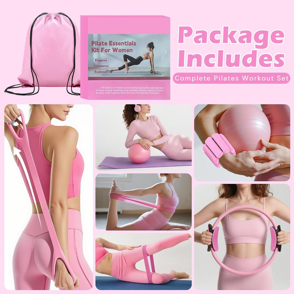 Pilates Kit for Women, Home Workout Set with Ring,Ball,Bands Ankle Weights