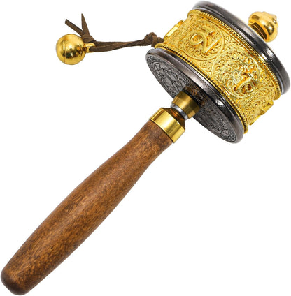 Handheld Prayer Wheel with Tibetan Buddhist Six-Character Truth Buddha Scriptures, Wooden Handle Buddhist Turn Praying Instrument for Praying, Blessing, Yoga, Relaxing, Healing, Meditation