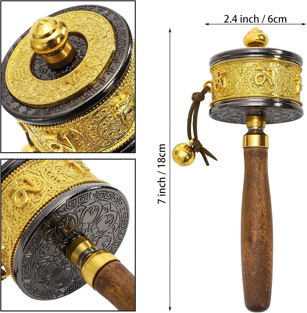 Handheld Prayer Wheel with Tibetan Buddhist Six-Character Truth Buddha Scriptures, Wooden Handle Buddhist Turn Praying Instrument for Praying, Blessing, Yoga, Relaxing, Healing, Meditation