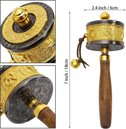 Handheld Prayer Wheel with Tibetan Buddhist Six-Character Truth Buddha Scriptures, Wooden Handle Buddhist Turn Praying Instrument for Praying, Blessing, Yoga, Relaxing, Healing, Meditation