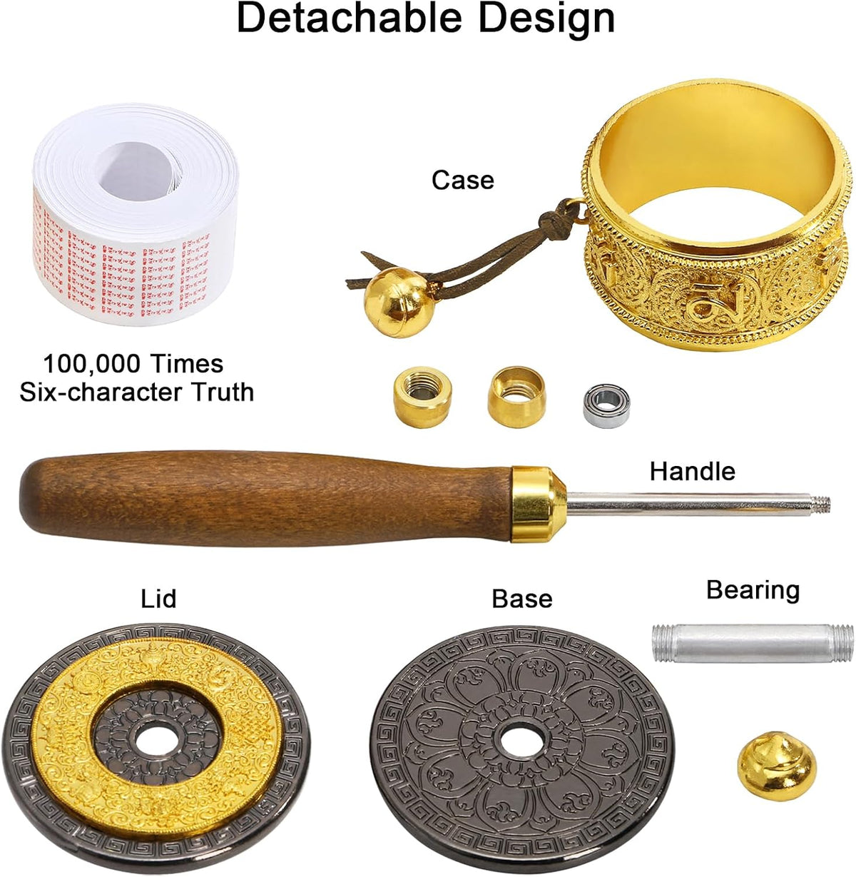 Handheld Prayer Wheel with Tibetan Buddhist Six-Character Truth Buddha Scriptures, Wooden Handle Buddhist Turn Praying Instrument for Praying, Blessing, Yoga, Relaxing, Healing, Meditation