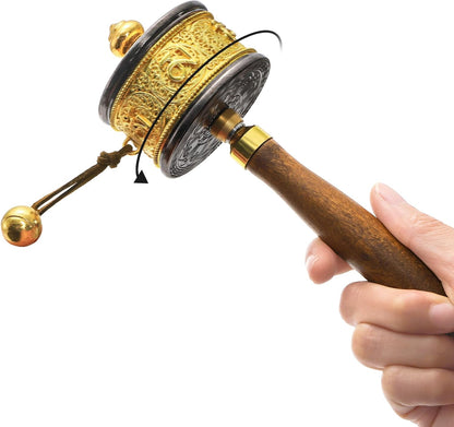 Handheld Prayer Wheel with Tibetan Buddhist Six-Character Truth Buddha Scriptures, Wooden Handle Buddhist Turn Praying Instrument for Praying, Blessing, Yoga, Relaxing, Healing, Meditation