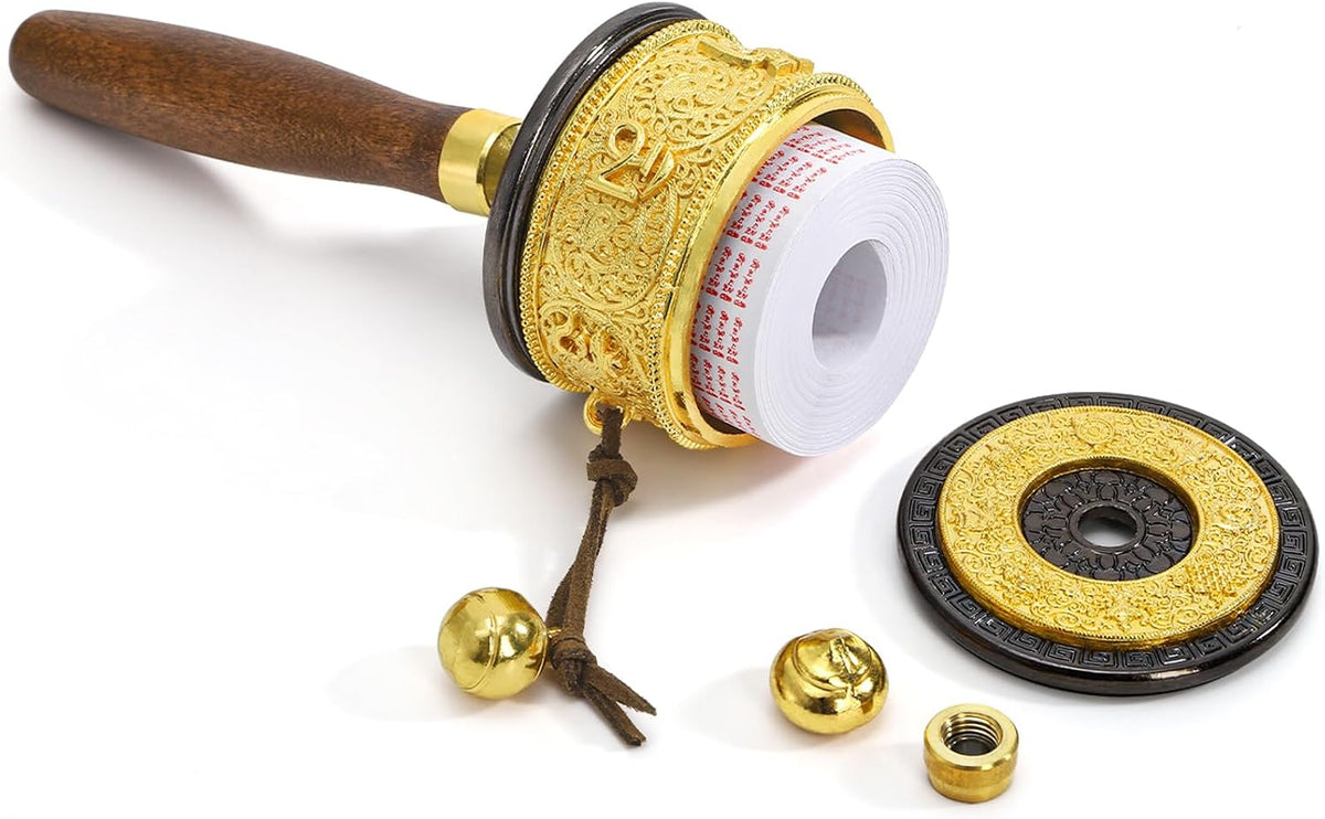 Handheld Prayer Wheel with Tibetan Buddhist Six-Character Truth Buddha Scriptures, Wooden Handle Buddhist Turn Praying Instrument for Praying, Blessing, Yoga, Relaxing, Healing, Meditation