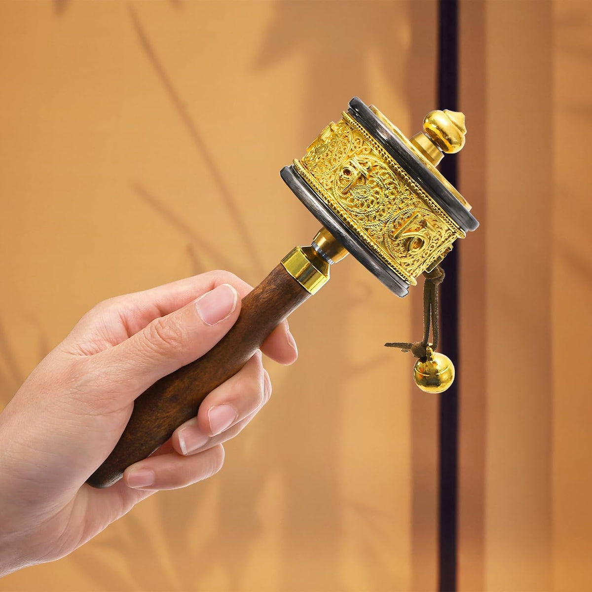Handheld Prayer Wheel with Tibetan Buddhist Six-Character Truth Buddha Scriptures, Wooden Handle Buddhist Turn Praying Instrument for Praying, Blessing, Yoga, Relaxing, Healing, Meditation