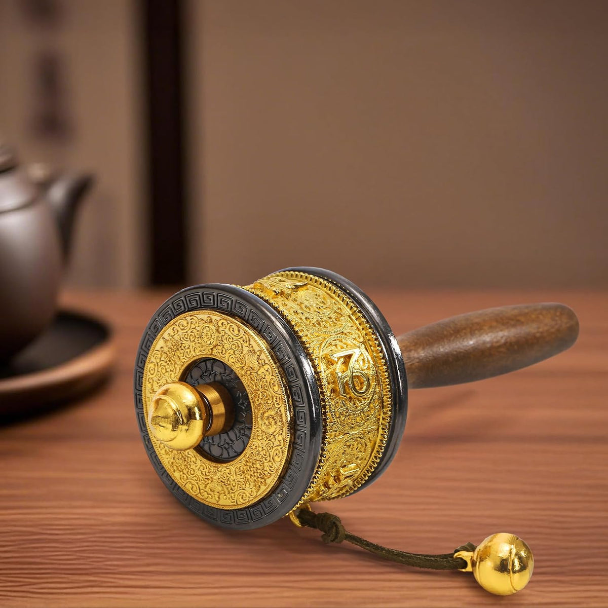 Handheld Prayer Wheel with Tibetan Buddhist Six-Character Truth Buddha Scriptures, Wooden Handle Buddhist Turn Praying Instrument for Praying, Blessing, Yoga, Relaxing, Healing, Meditation