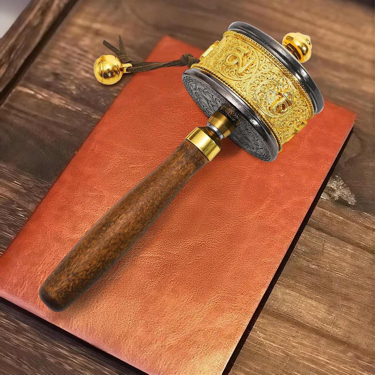 Handheld Prayer Wheel with Tibetan Buddhist Six-Character Truth Buddha Scriptures, Wooden Handle Buddhist Turn Praying Instrument for Praying, Blessing, Yoga, Relaxing, Healing, Meditation