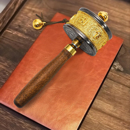 Handheld Prayer Wheel with Tibetan Buddhist Six-Character Truth Buddha Scriptures, Wooden Handle Buddhist Turn Praying Instrument for Praying, Blessing, Yoga, Relaxing, Healing, Meditation