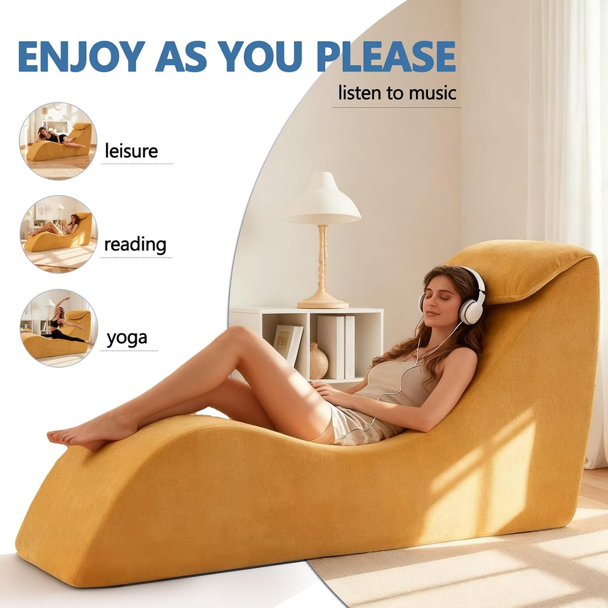 Yoga Chair Lounge for Adult, Yoga Lounge Chair，Ergonomic Chaise Lounge Chair,Chaise Lounge Indoor， Head Pillow，Perfect for Stretching, Massage, and Relaxation, Used in Living Room, Bedroom（Yellow）