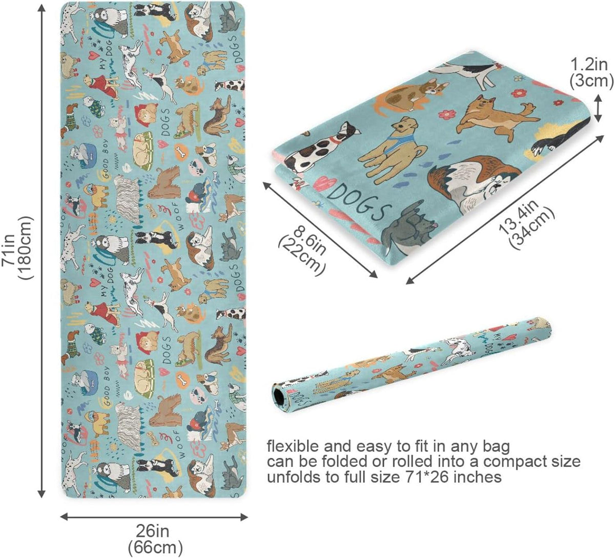 Different Dogs Yoga Mat Non Slip Natural Rubber Fitness Exercise Mat for Home Workout Gym Stretching Pilates Mats with Carrying Bag 71" x 26"