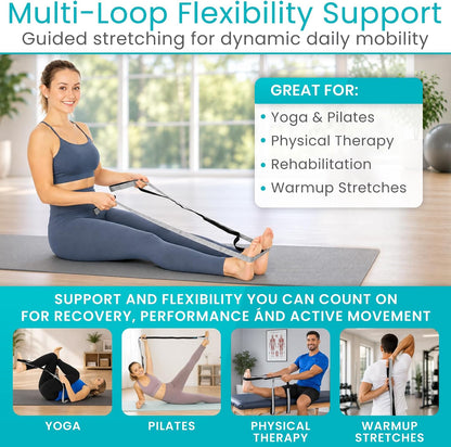 Stretch Strap (75" - 10 Loops) - Leg Stretch Band to Improve Flexibility - Stretching Out Yoga Strap - Exercise and Physical Therapy Belt for Rehab, Pilates and Gymnastics with Guide Book