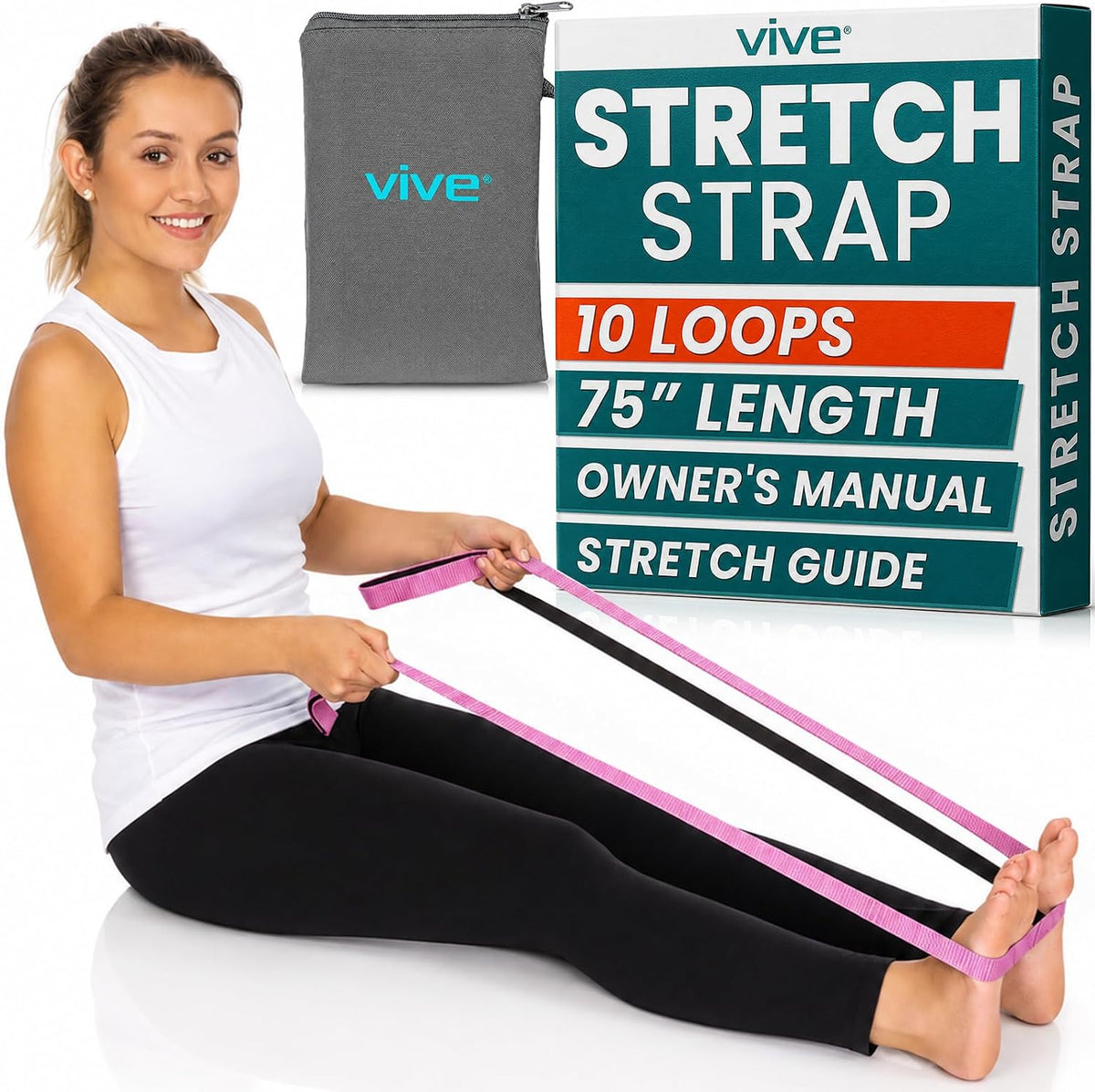 Stretch Strap (75" - 10 Loops) - Leg Stretch Band to Improve Flexibility - Stretching Out Yoga Strap - Exercise and Physical Therapy Belt for Rehab, Pilates and Gymnastics with Guide Book