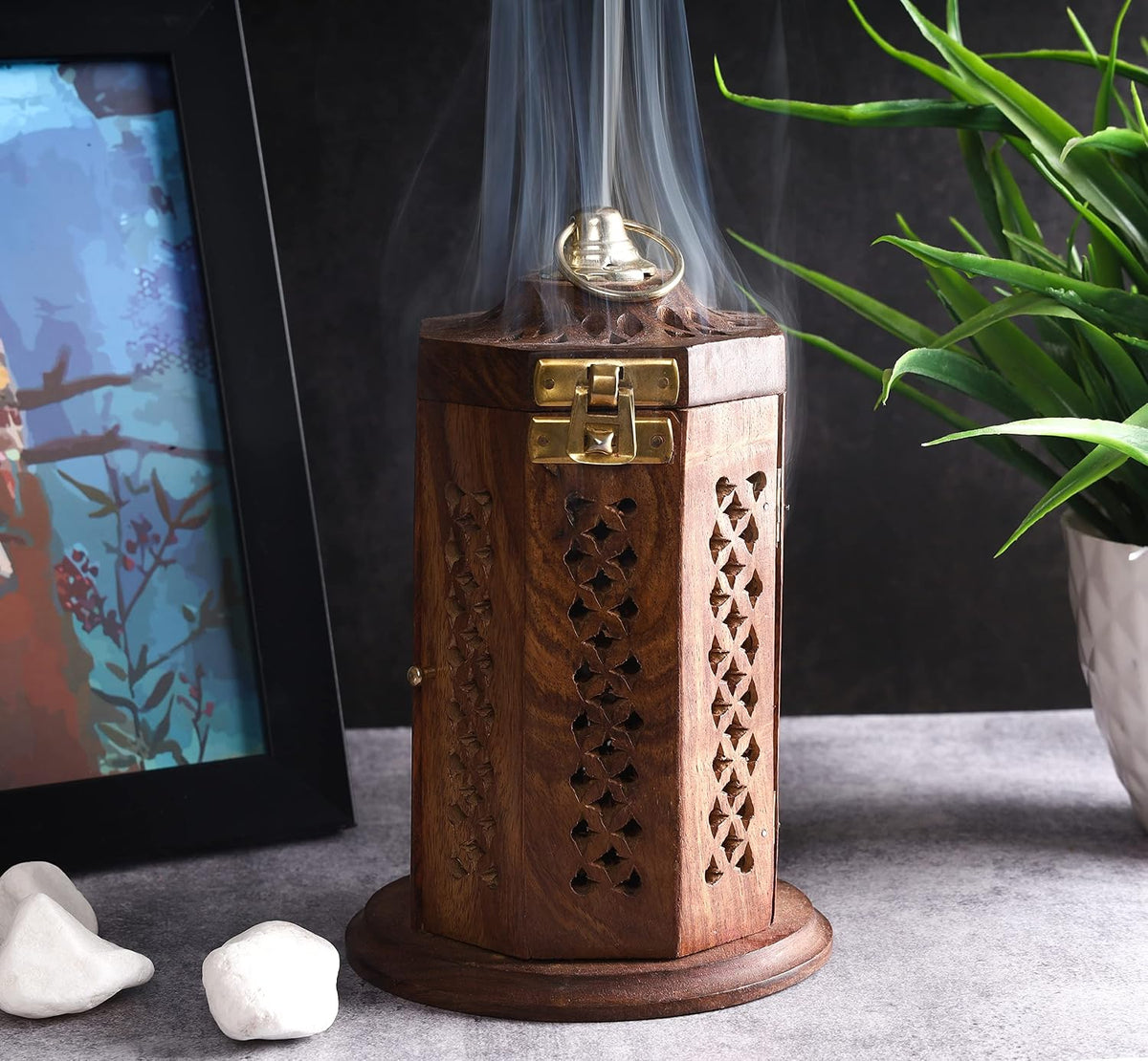 Traditional-Handmade-Burner Wooden-Incense-Stick-Holder Ash-Catcher-Stand for-Aromatherapy-Meditation-Yoga (5 Inch Temple Wooden Charcoal/Cone)