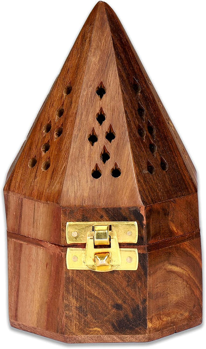 Traditional-Handmade-Burner Wooden-Incense-Stick-Holder Ash-Catcher-Stand for-Aromatherapy-Meditation-Yoga (5 Inch Temple Wooden Charcoal/Cone)