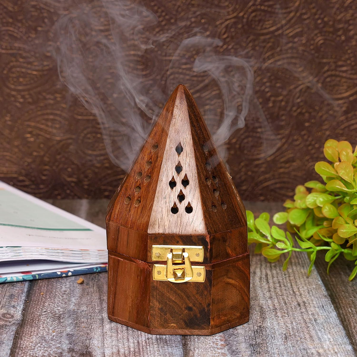 Traditional-Handmade-Burner Wooden-Incense-Stick-Holder Ash-Catcher-Stand for-Aromatherapy-Meditation-Yoga (5 Inch Temple Wooden Charcoal/Cone)