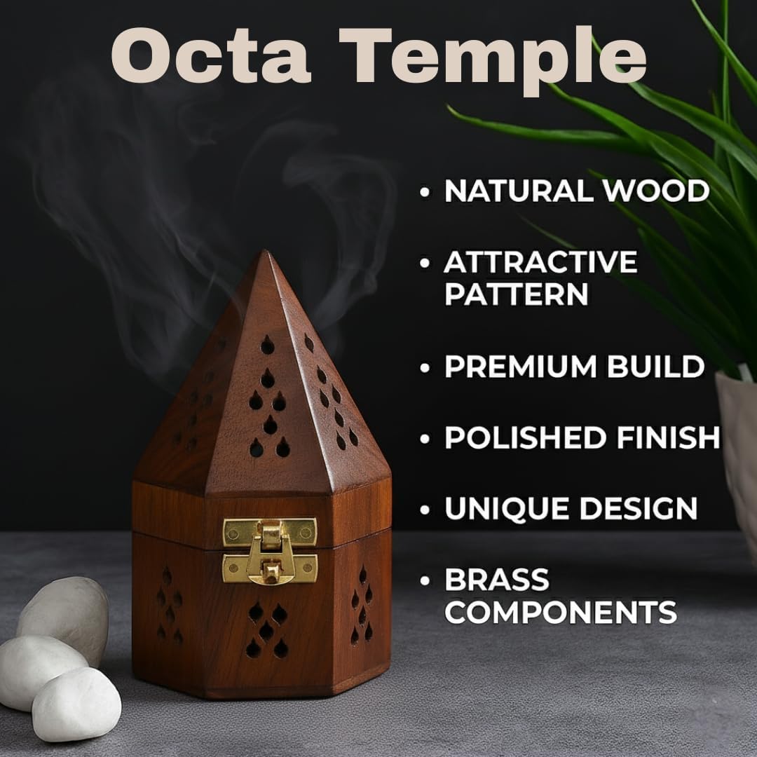Traditional-Handmade-Burner Wooden-Incense-Stick-Holder Ash-Catcher-Stand for-Aromatherapy-Meditation-Yoga (5 Inch Temple Wooden Charcoal/Cone)
