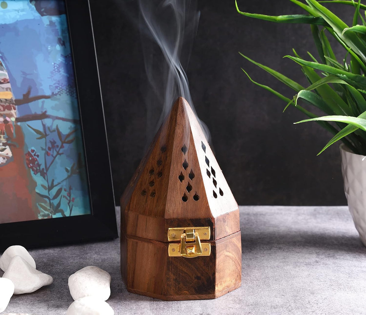 Traditional-Handmade-Burner Wooden-Incense-Stick-Holder Ash-Catcher-Stand for-Aromatherapy-Meditation-Yoga (5 Inch Temple Wooden Charcoal/Cone)