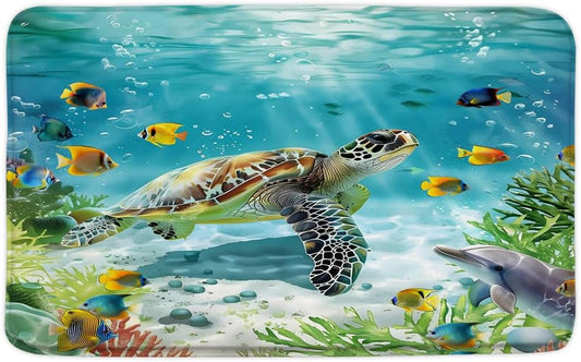 Sea Turtle Bath Mat, Underwater Ocean Dolphin, 18 x 30 Inch
