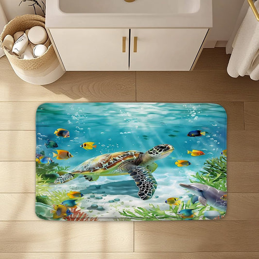Sea Turtle Bath Mat, Underwater Ocean Dolphin, 18 x 30 Inch