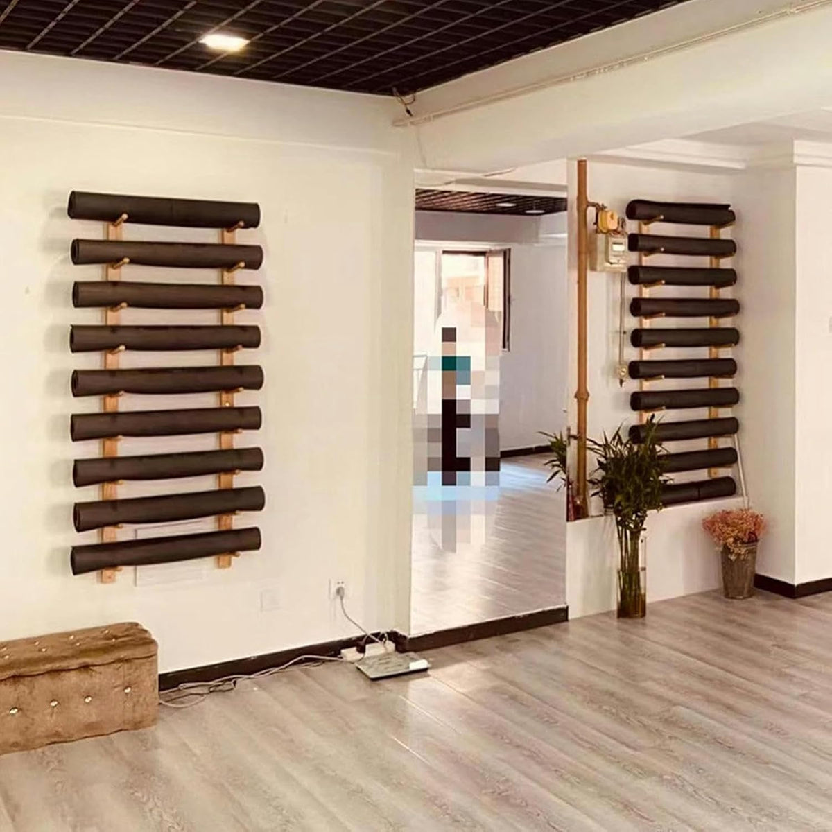 Wooden Yoga Mat Storage Rack, 6/9 Tier Roller Storage Holder Wall Mount, Large Capacity Exercise Mats Display Stand Wall Yoga Shelf for Gym Studio Office Foam