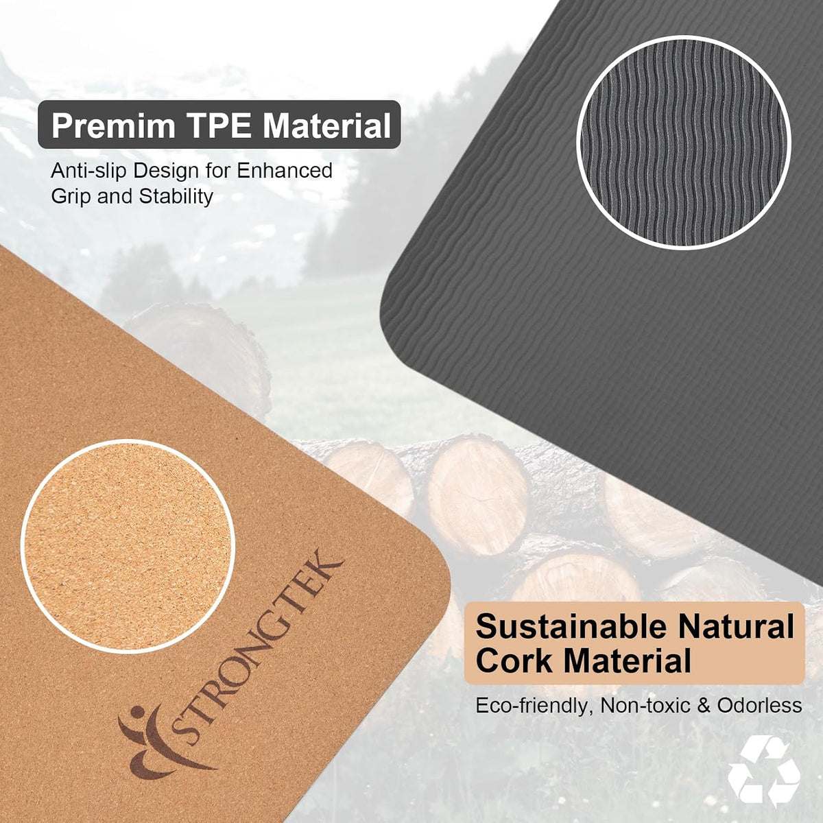 Cork Yoga Mat, Eco-Friendly, TPE Base, 7 mm, 72 x 24 in